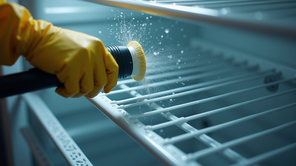 High angle view of a refrigerator condenser coils being cleaned