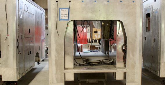Front wall view of Muskogee #2657 Type III ambulance in welding and fabrication.