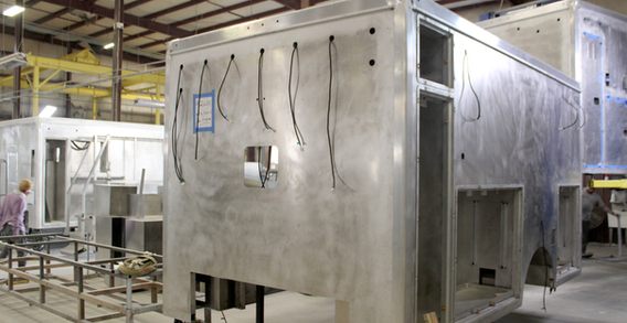 Front driver side corner view of Atlantic #2605 in welding and fabrication.