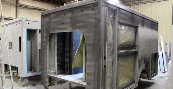 Front driver side corner view of Muskogee #2650 in paint prep.