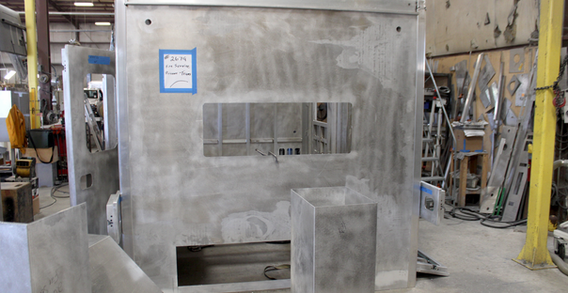 Front wall view of Prisoner Transport in beginning stages of welding and fabrication.
