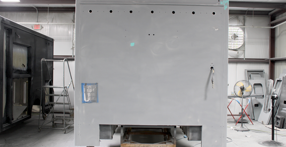 Front wall view of 15' Rescue unit for Alamosa from Custom Truck and Body Works, Inc in paint prep.