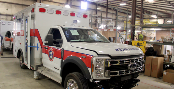Front curbside corner view of Type I ambulance for Candler #2635 in box prep.