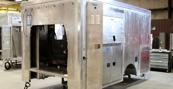 Front driver side view of Muskogee #2657 in welding and fabrication. Type III ambulance being built in Woodbury Ga USA.
