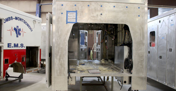 Front wall view of Sevier Co. Type III ambulance in welding and fabrication.