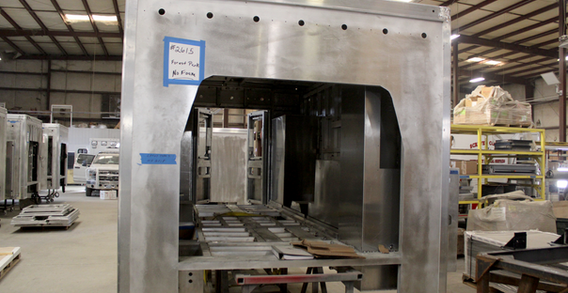 Front view of Forest Park #2615 in welding and fabrication. Type III ambulance for Forest Park #2615.