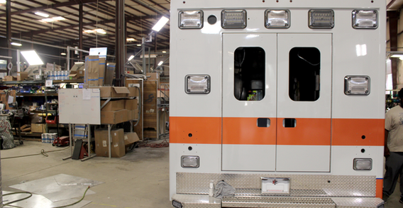 Rear wall view of Washington #2643 Type I ambulance in box prep.