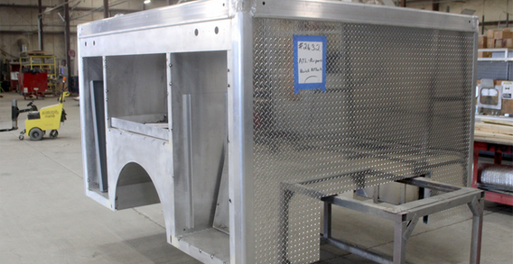 Front curbside corner view of a 9' quick attack rescue unit for Atlanta Airport in welding and fabrication.