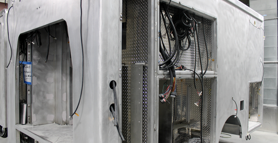 Front driver side corner view of Muskogee #2651 in welding and fabrication.