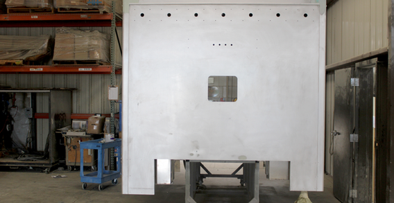 Front wall view of Colquitt #2686 in paint and body. Type I metal ambulance.