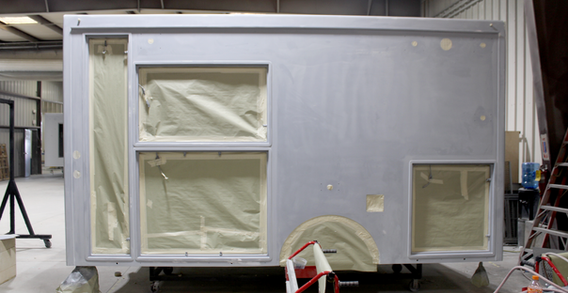 Driver side view of Muskogee #2651 papered and primed.