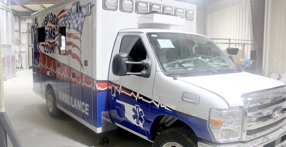 Front curbside corner view of Muskogee Type III ambulance #2656 in box prep.