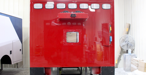 Front wall view of Type I ambulance for Cushing #2584 in mount prep.