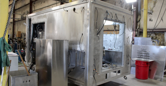 Rear view of Type III ambulance for Muskogee #2656 in welding and fabrication./