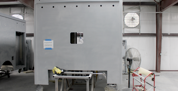 Front wall view of Candler #2635 in paint and body prep.