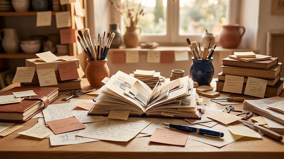 table d'un artisan, avec des notes écrites éparpillées et dans un carnet
