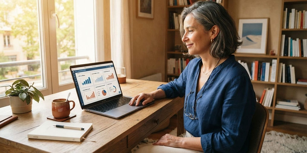 piloter vos chiffres, femme souriante à son bureau à son domicile devant son laptop