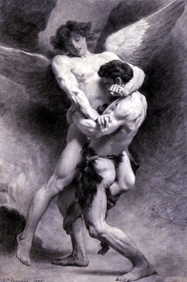 Man wrestling with angel