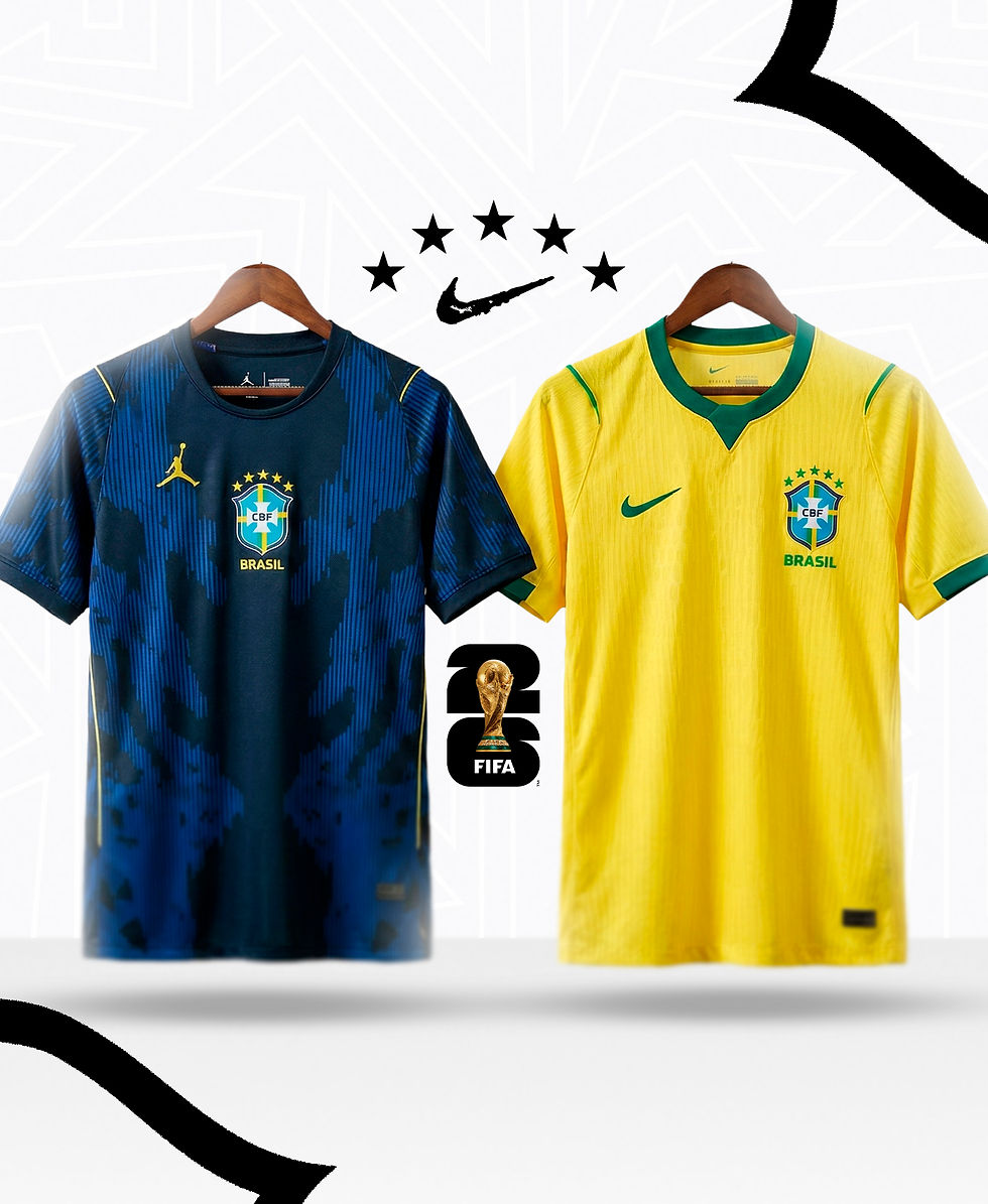 Camisas da seleção brasileira, azul e amarela, penduradas. Logo da Nike, 5 estrelas e emblema FIFA. Fundo branco com padrão geométrico.