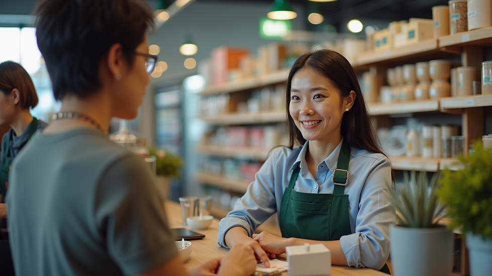 Eye-level view of a friendly staff member assisting a customer in-store