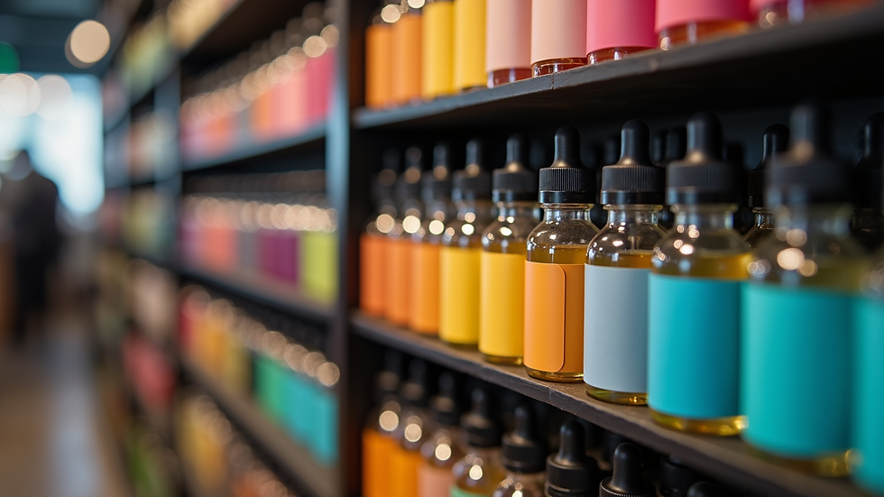 Close-up view of colourful e-liquid bottles on display shelf