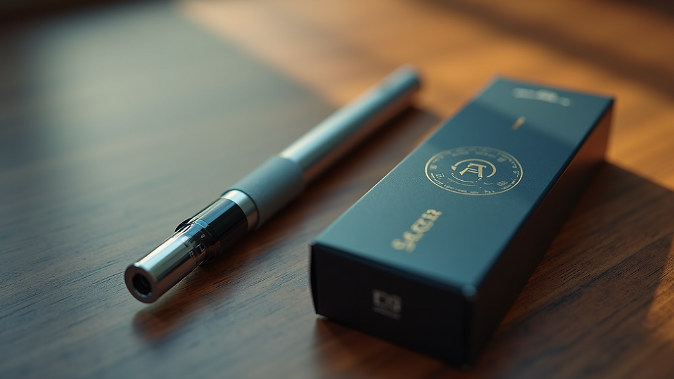 High angle view of a disposable vape device next to its packaging