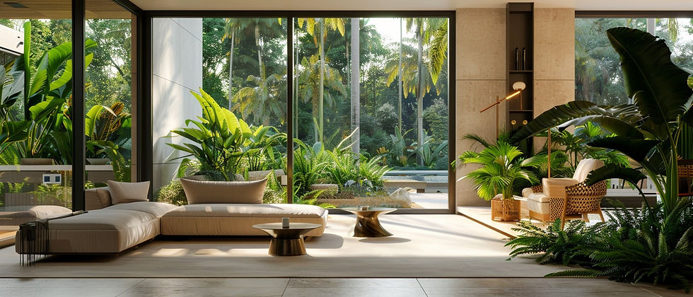 A serene, tropical-inspired living space featuring floor-to-ceiling glass windows that open to a lush garden with palm trees and dense greenery. The interior includes modern beige loungers, sleek coffee tables, and rattan armchairs, all surrounded by an abundance of indoor plants that blur the line between indoors and outdoors. This tranquil environment was generated using ArchiVinci AI.