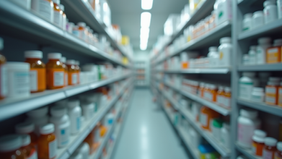 an aisle in a pharmacy with medications lining the shelves