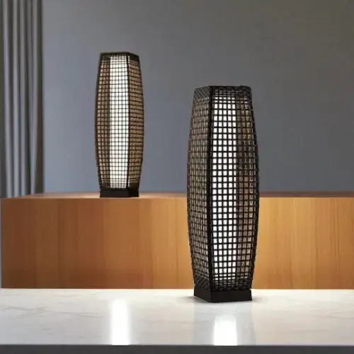 Black Rattan Floor Lantern - Handcrafted Large Bollard