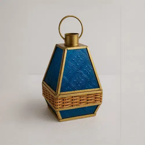 Multicolor Glass Candle Lantern with Rattan Lattice and Brass Detailing