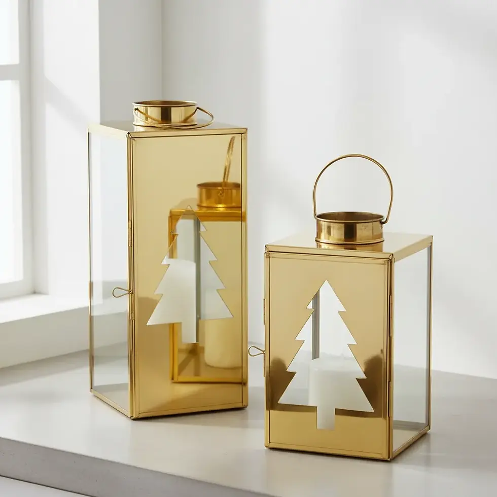Luxury Gold Metal & Glass Christmas Tree Candle Lantern for Festive Home Decor