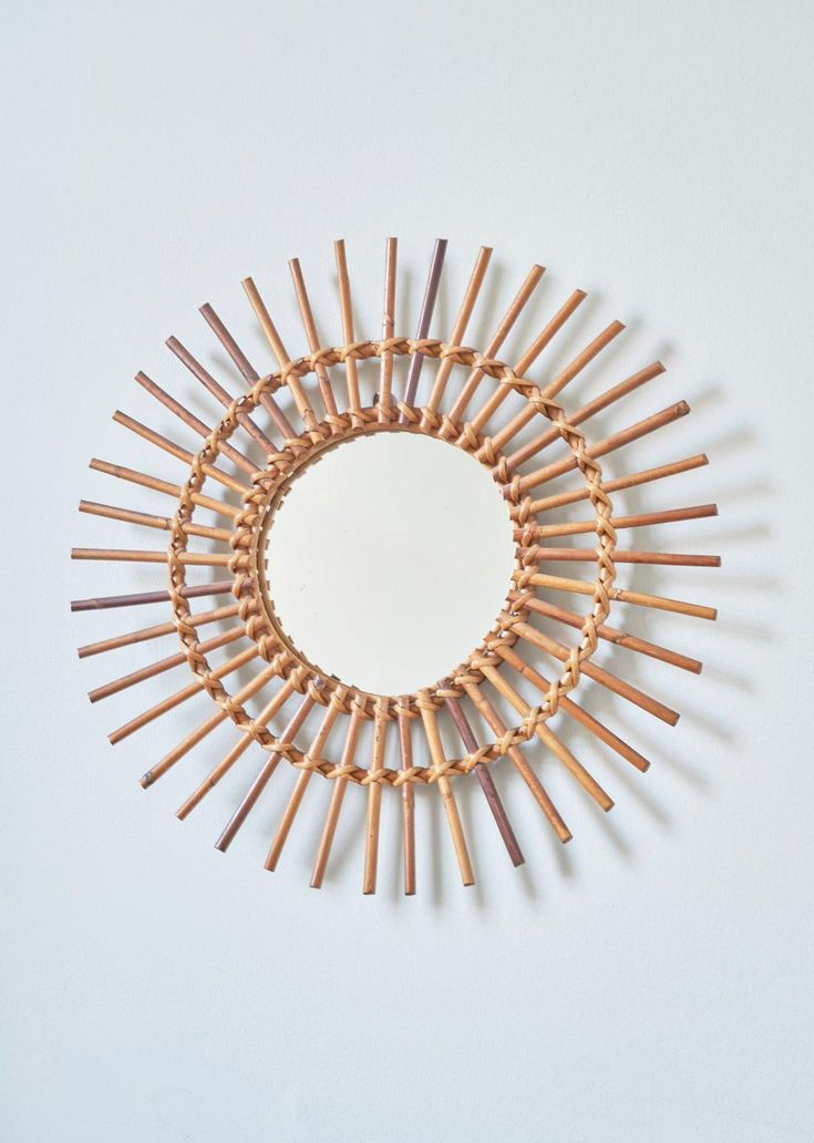 Thumbnail: Circular Cane Framed Mirror with Sunburst Pattern - Wall Decor