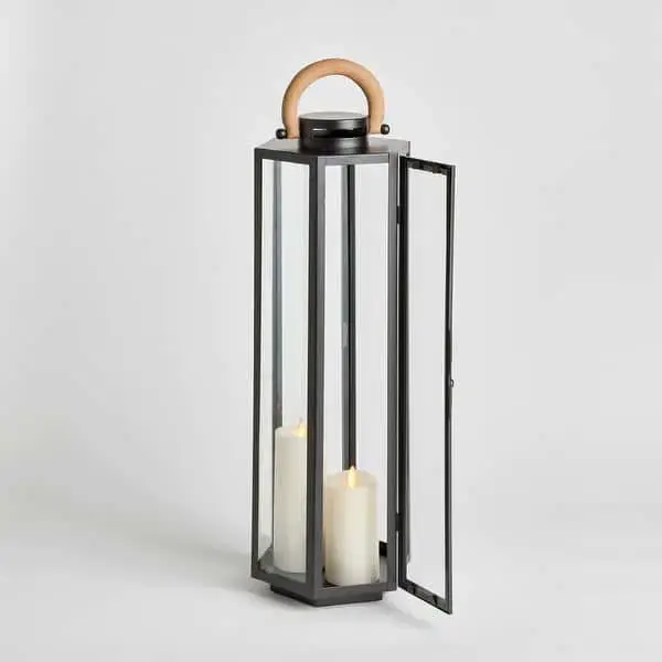 Extra Large White Metal Floor Lantern with Wooden Handle