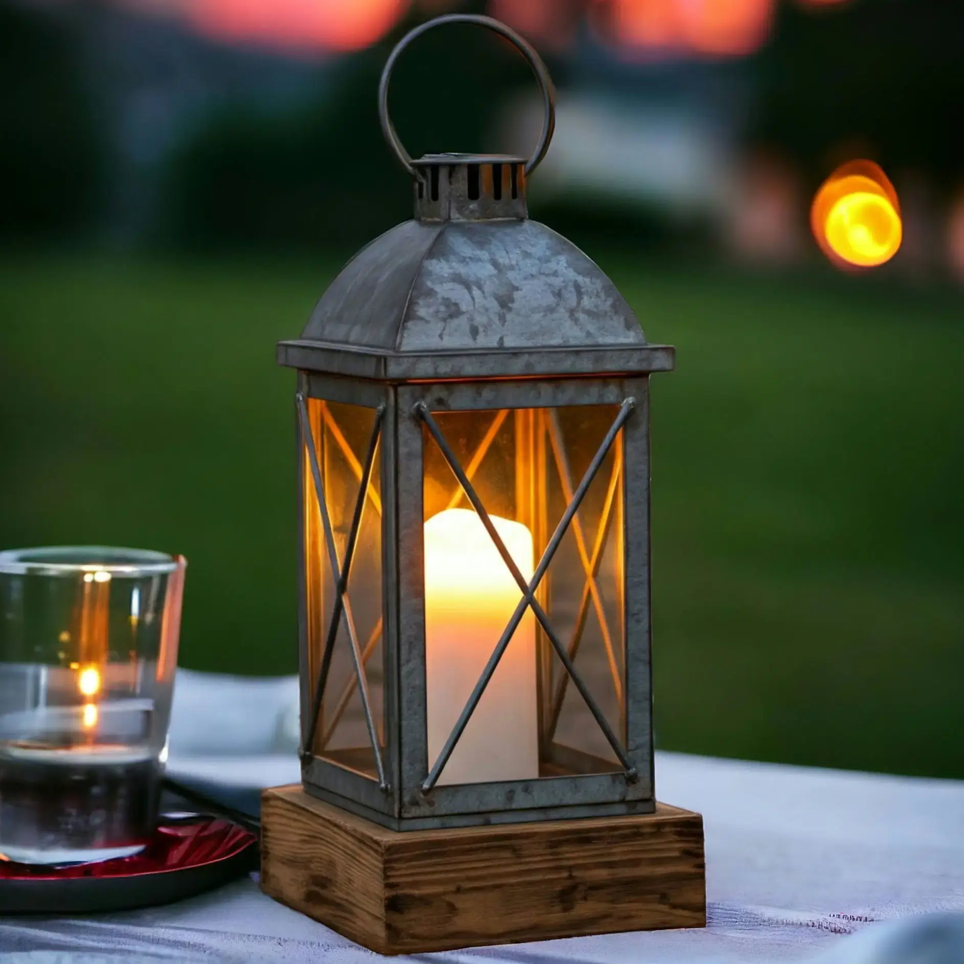 Rustic Metal Lantern with Wooden Base - Elegant Industrial Themed Decor