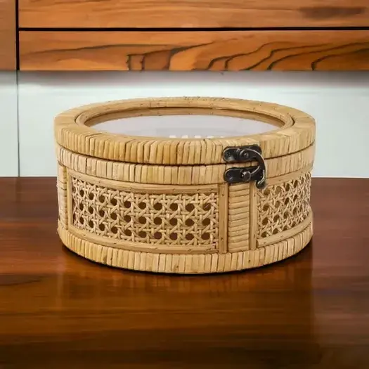 Woven Rattan Round Dryfruit Storage Box with Openable Lid