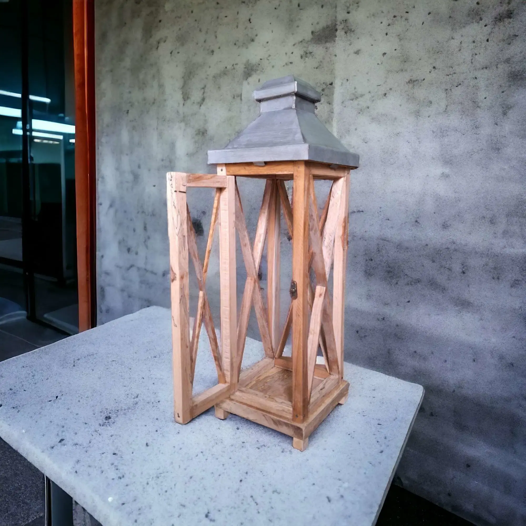 Rustic Wooden Lantern with Zinc Metal Top - Aesthetic Home Lighting