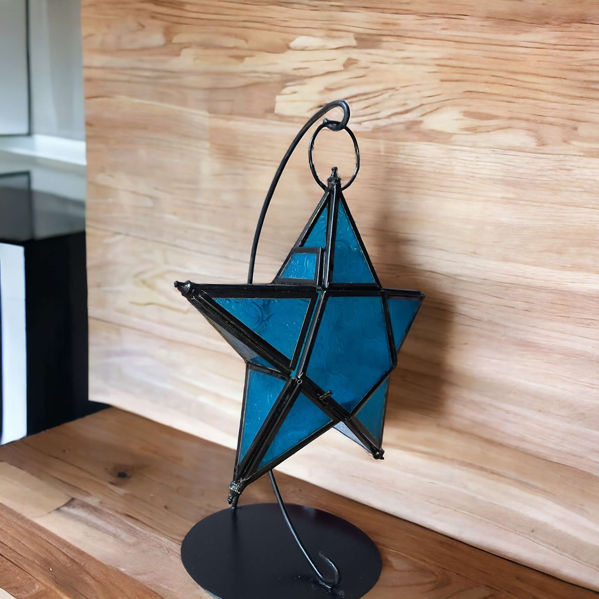 Blue Glass Star Style Hanging Lamp with Tabletop Stand
