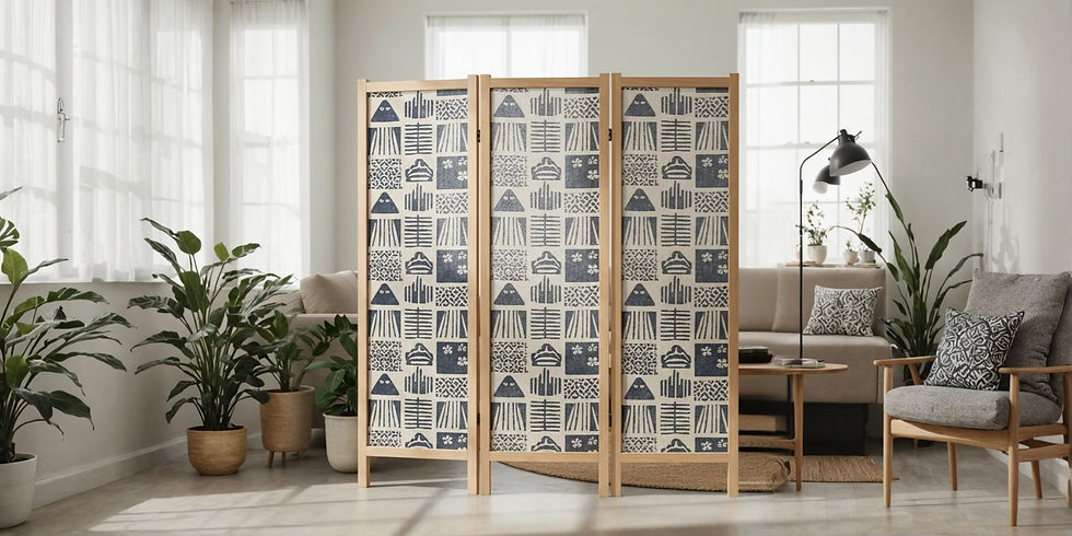handcrafted wooden and printed fabric room divider