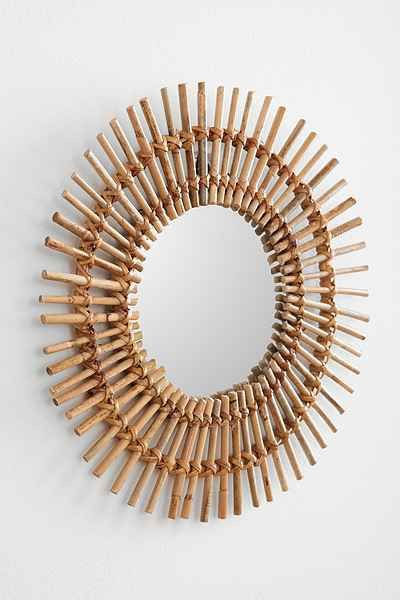 Thumbnail: Circular Cane Framed Mirror with Sunburst Pattern - Wall Decor