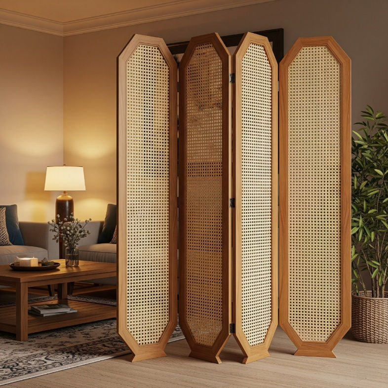 Elegant Teakwood 4 Panel Room Divider and Cane Webbing