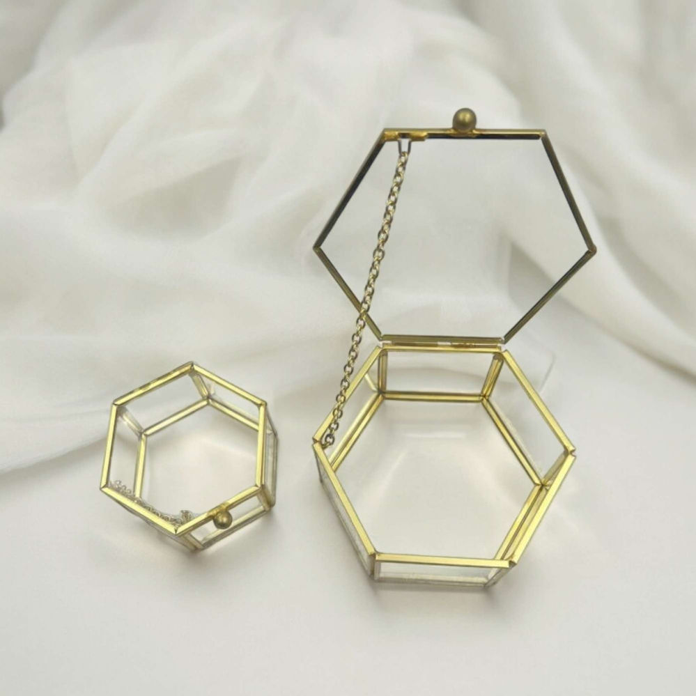 Clear Glass and Brass Hexagonal Trinket Box - Geometric Ring Display Box