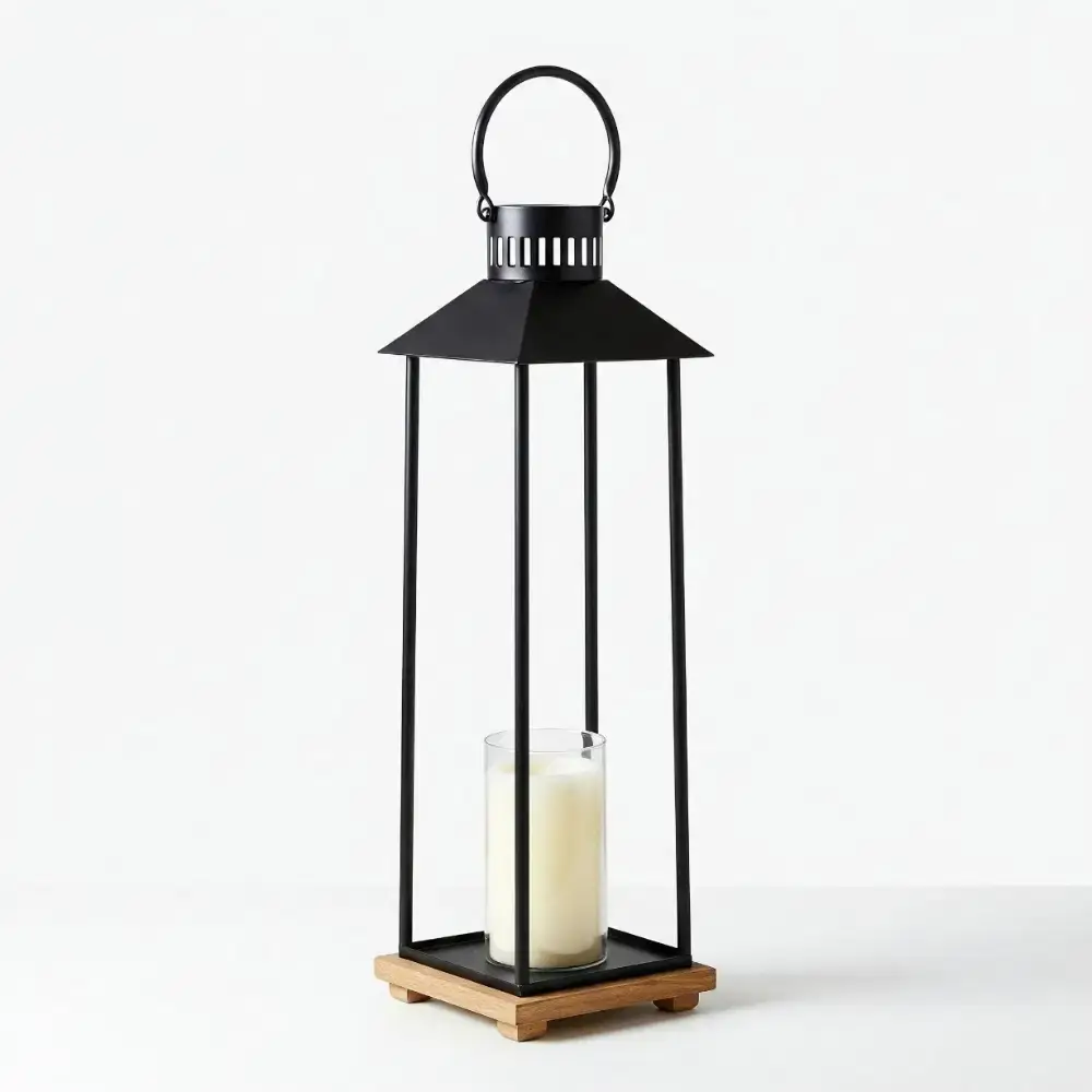 Metello Black Huge Candle Lantern with Wooden Base and Glass Holder