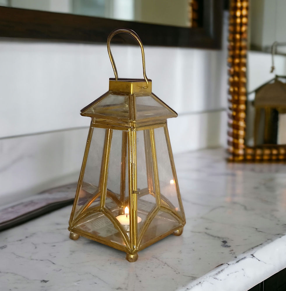 Elegant Geometric Glass Table Lantern with Golden Brass Accent
