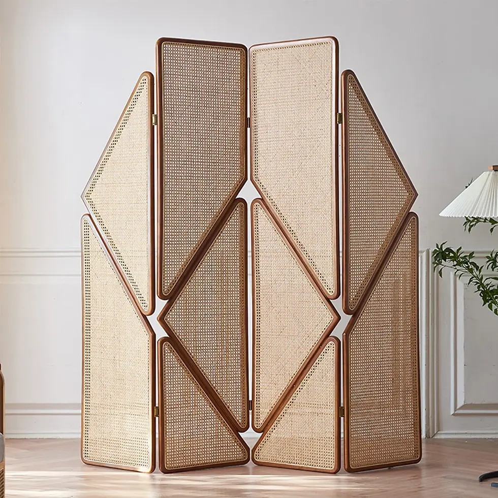 Boho Rattan Room Divider with Wooden Frame – 4 Foldable Panels
