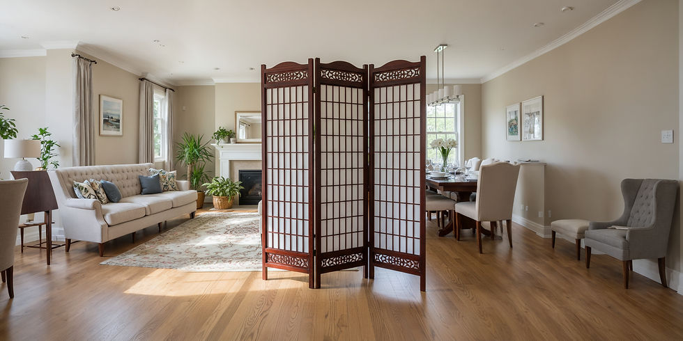 room divider separating a living room and dining area