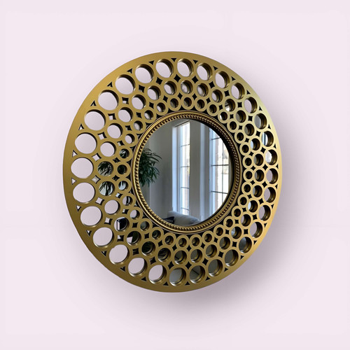 Elegant golden round wooden wall mirror | Decorrizz India