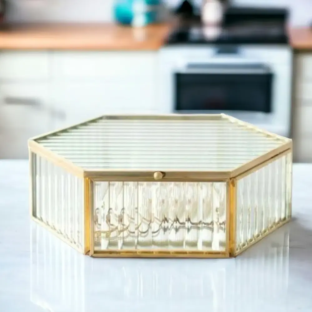 Hexagon Reeded Glass Trinket Box