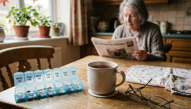 Close-up view of a weekly pill organizer beside an untouched cup of tea.