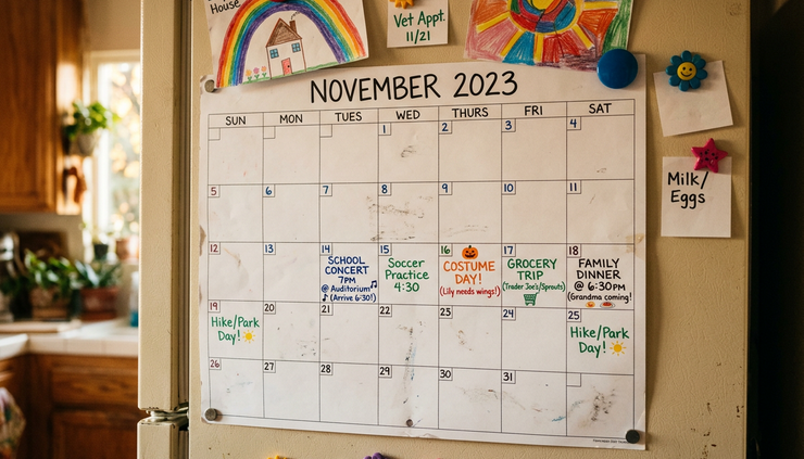 Close-up of a paper family calendar with colorful notes for school events and holidays