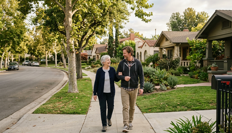 Wide-angle view of an older adult and adult child walking slowly on a quiet neighborhood sidewalk.